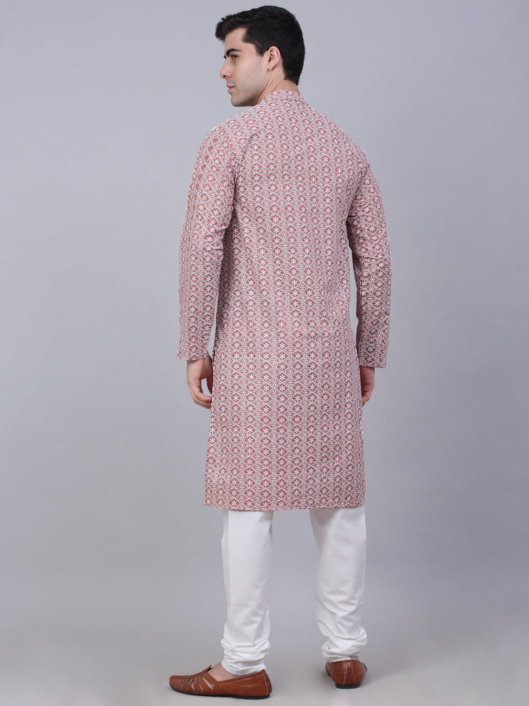 Men's Coral Red & White Embroidered Straight Kurta Pyjama Set ( Jokp 626 Coral )