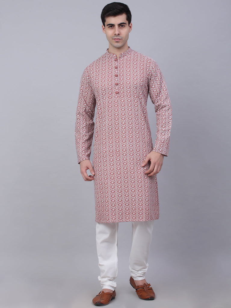 Men's Coral Red & White Embroidered Straight Kurta Pyjama Set ( Jokp 626 Coral )