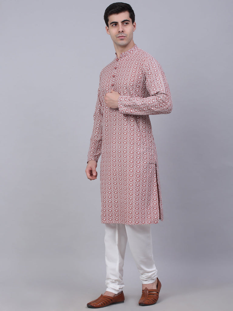 Men's Coral Red & White Embroidered Straight Kurta Pyjama Set ( Jokp 626 Coral )