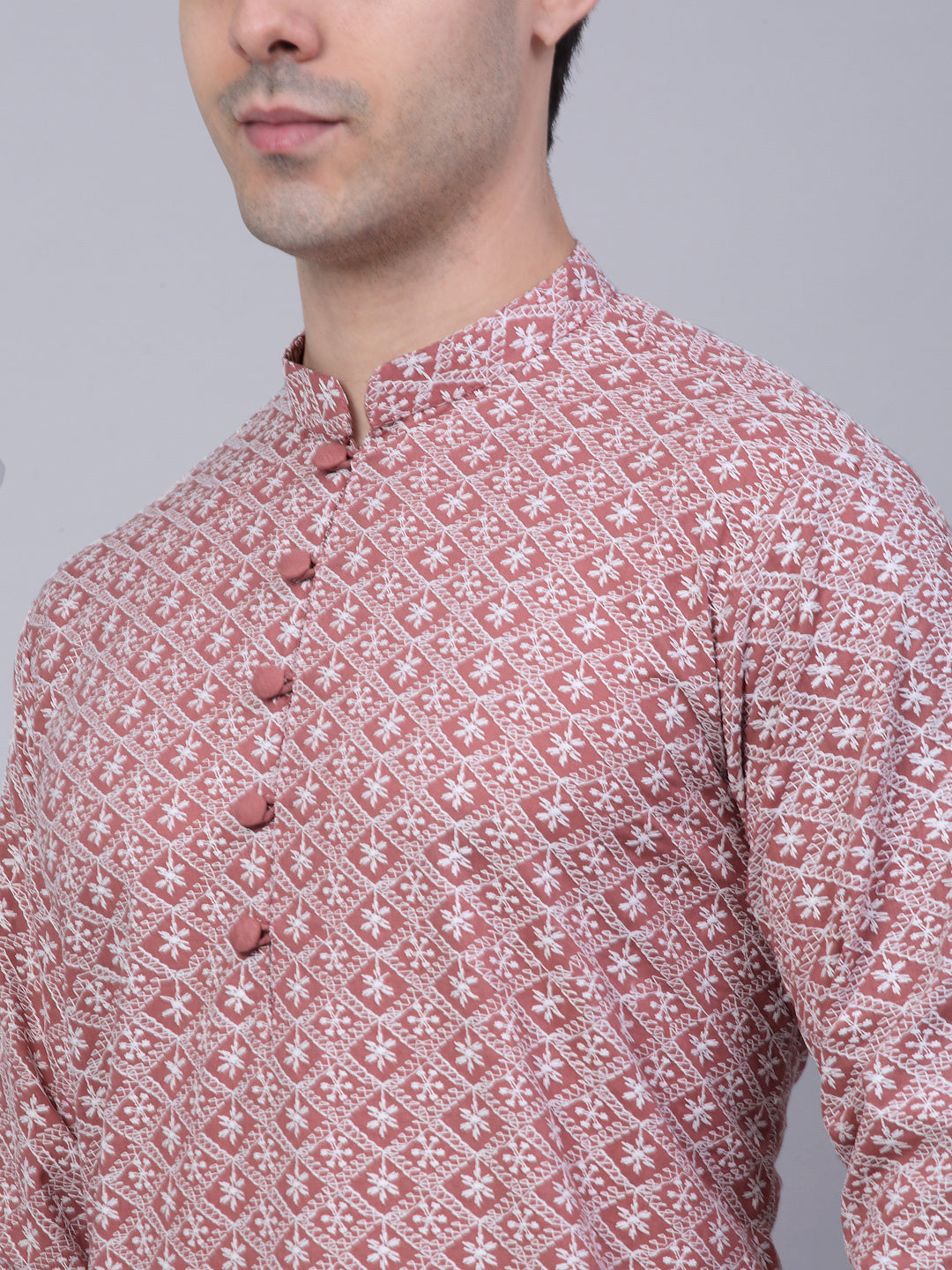 Men's Coral Red & White Embroidered Straight Kurta Pyjama Set ( Jokp 626 Coral )