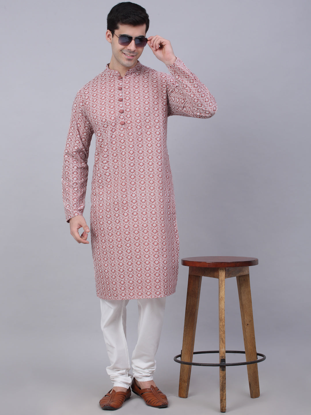 Men's Coral Red & White Embroidered Straight Kurta Pyjama Set ( Jokp 626 Coral )