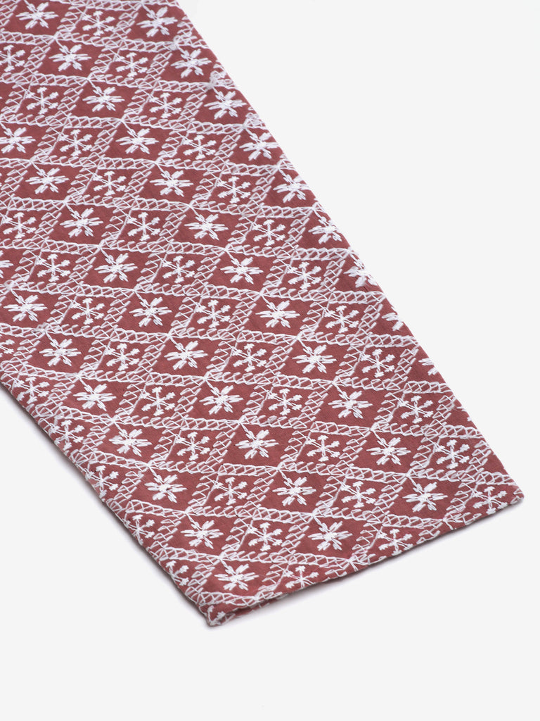 Men's Coral Red & White Embroidered Straight Kurta Pyjama Set ( Jokp 626 Coral )