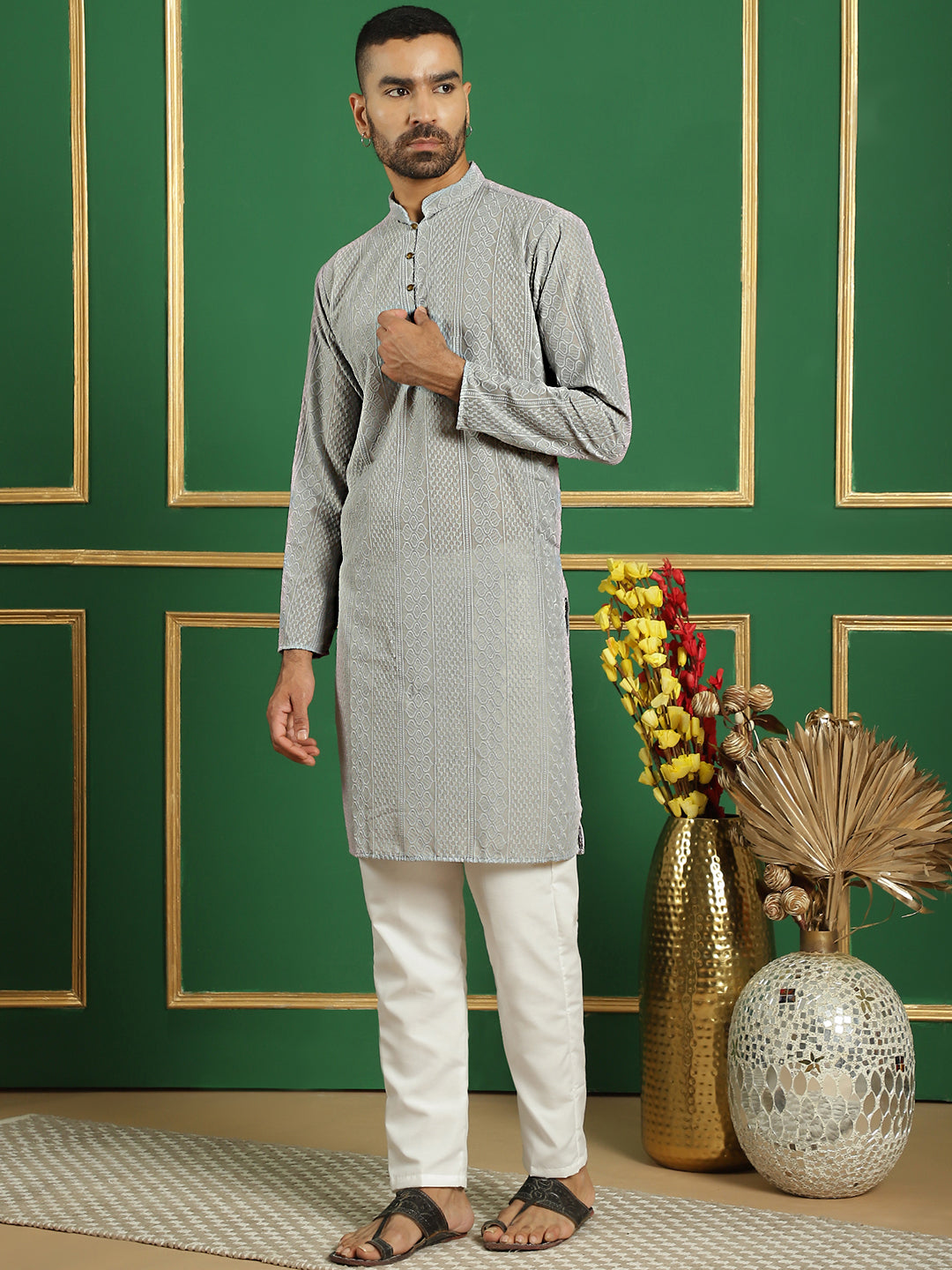 Men's Chikankari Cotton Kurta with Churidar - Taantav