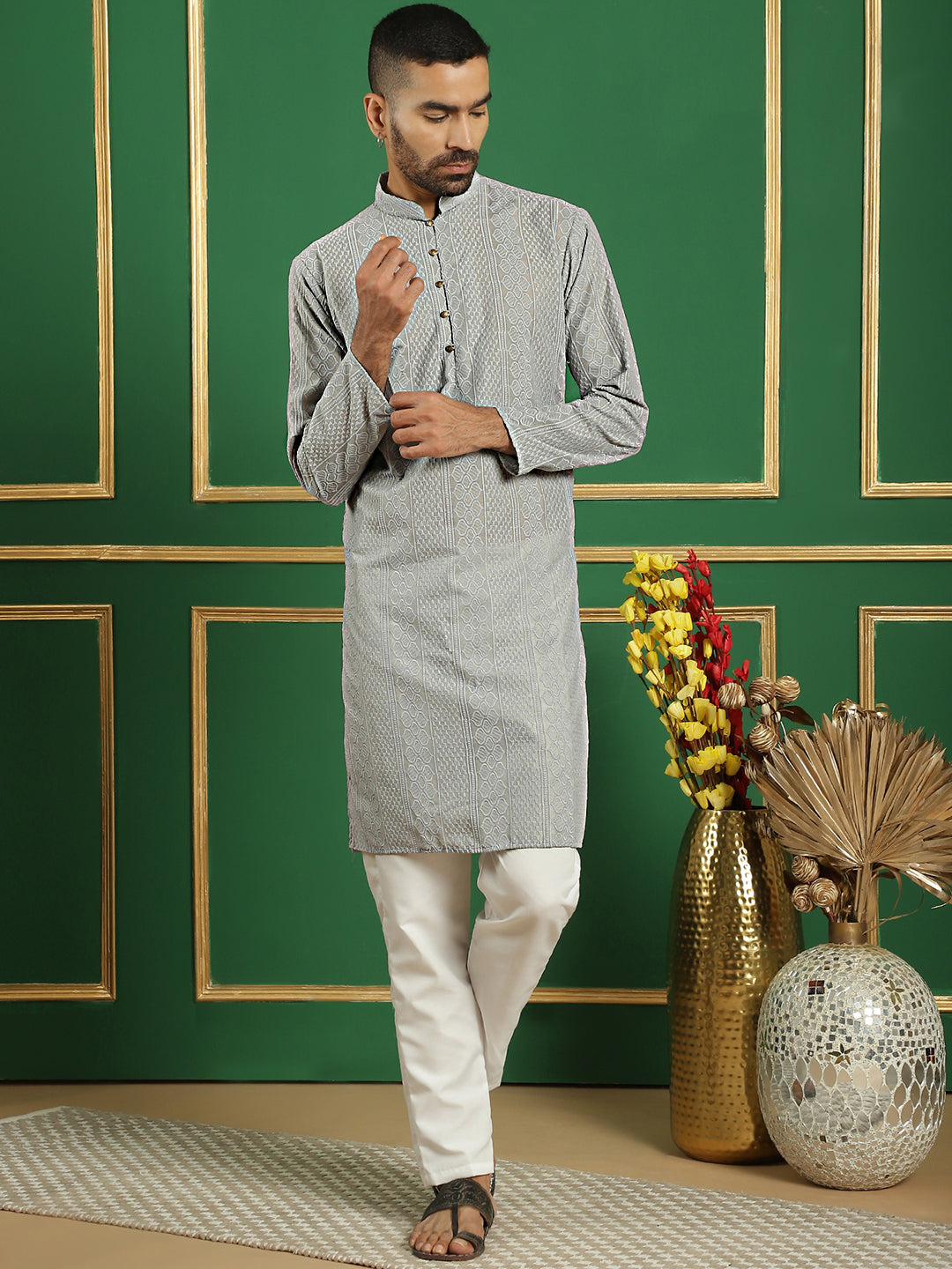 Men's Chikankari Cotton Kurta with Churidar - Taantav