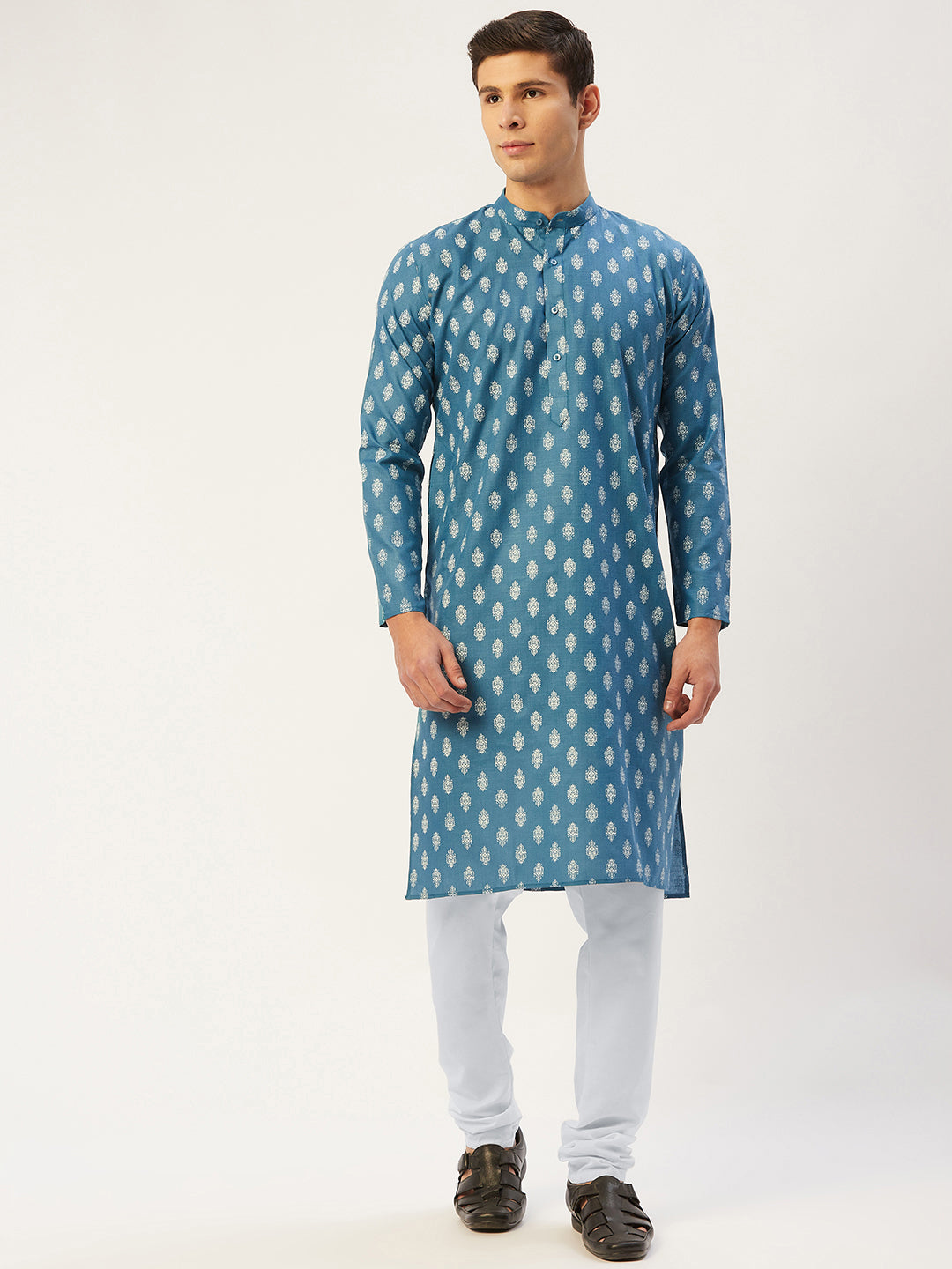 Men's Teal Cotton Floral printed kurta Pyjama Set ( JOKP 650 Teal )