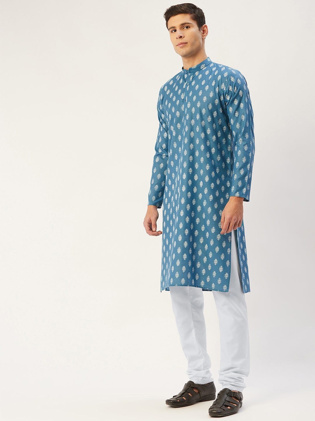 Men's Teal Cotton Floral printed kurta Pyjama Set ( JOKP 650 Teal )