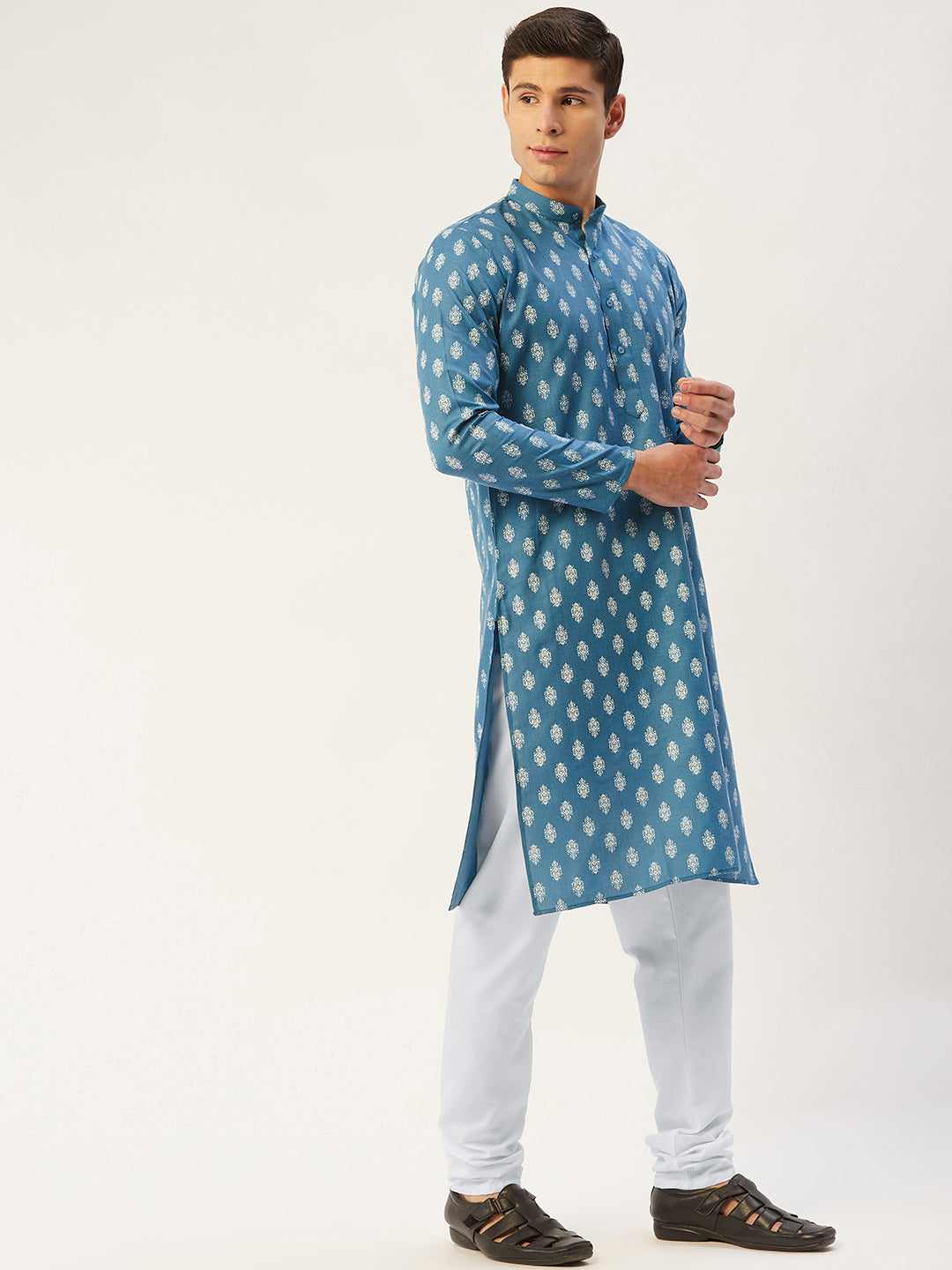 Men's Teal Cotton Floral printed kurta Pyjama Set ( JOKP 650 Teal )