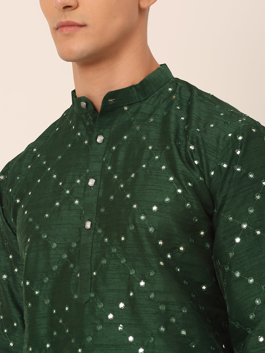 Men's Green Mirror Work Kurta Pyjama ( Jokp 659 Green ) - Final Clearance Sale