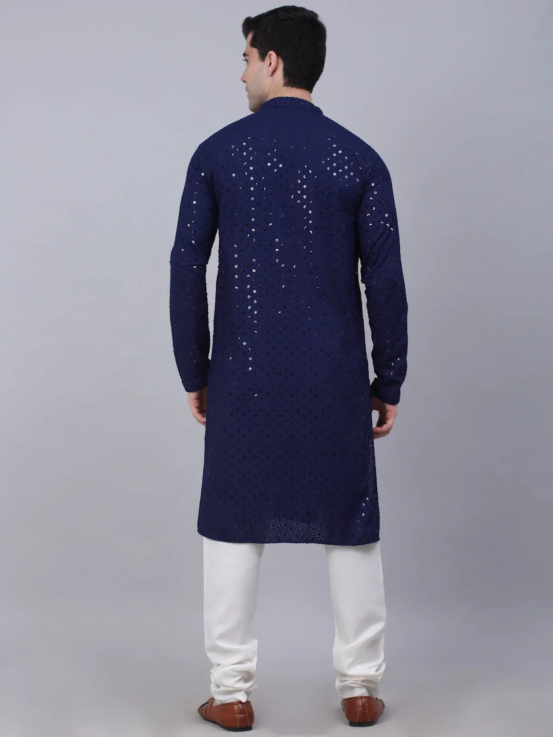 Men's Navy Blue Chikankari Embroidered and Sequence Kurta with Churidar ( JOKP 678 Navy )