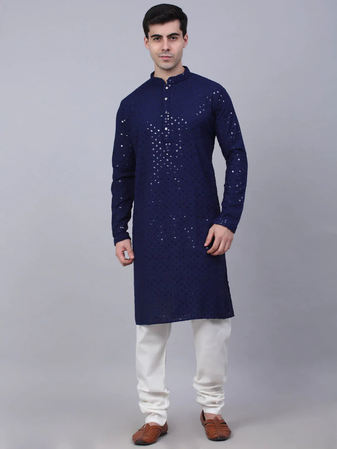 Men's Navy Blue Chikankari Embroidered and Sequence Kurta with Churidar ( JOKP 678 Navy )