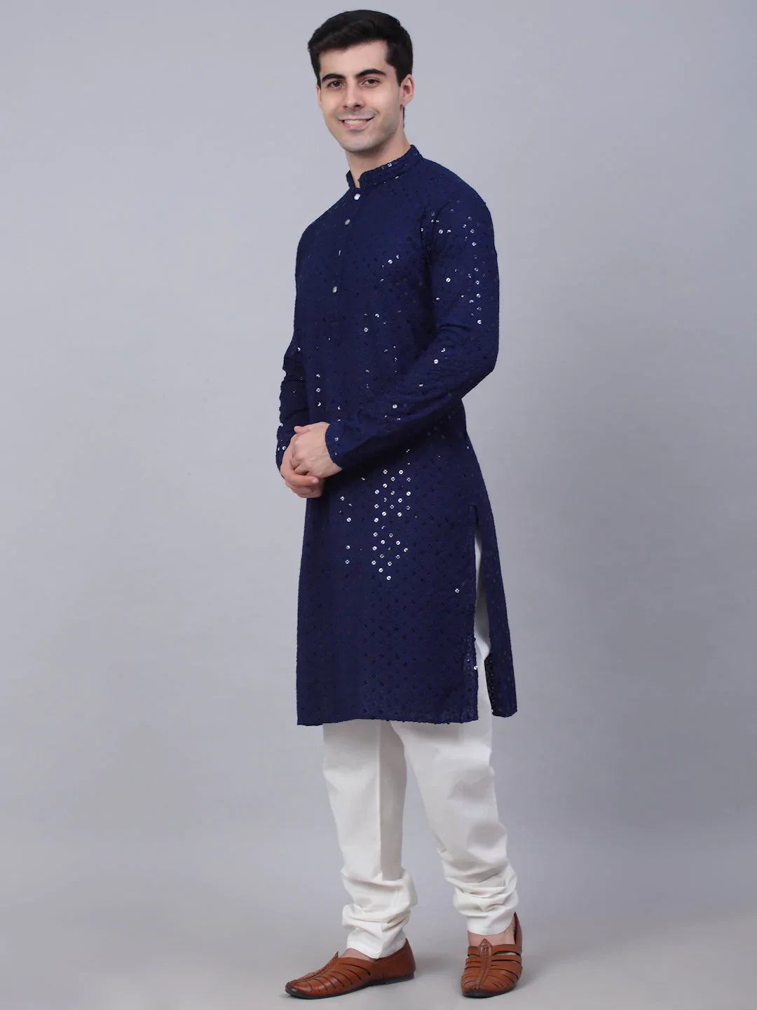 Men's Navy Blue Chikankari Embroidered and Sequence Kurta with Churidar ( JOKP 678 Navy )