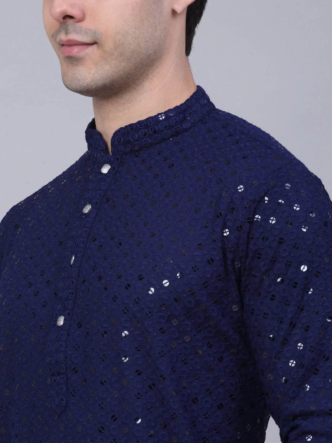 Men's Navy Blue Chikankari Embroidered and Sequence Kurta with Churidar ( JOKP 678 Navy )