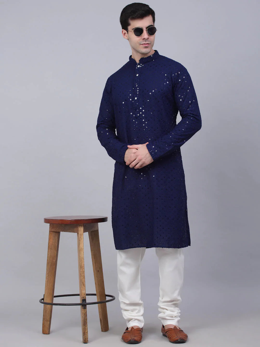 Men's Navy Blue Chikankari Embroidered and Sequence Kurta with Churidar ( JOKP 678 Navy )