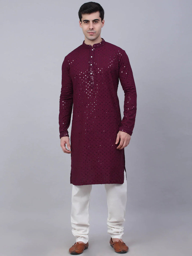 Men's Purple Chikankari Embroidered and Sequence Kurta with Churidar ( JOKP 678 Purple )