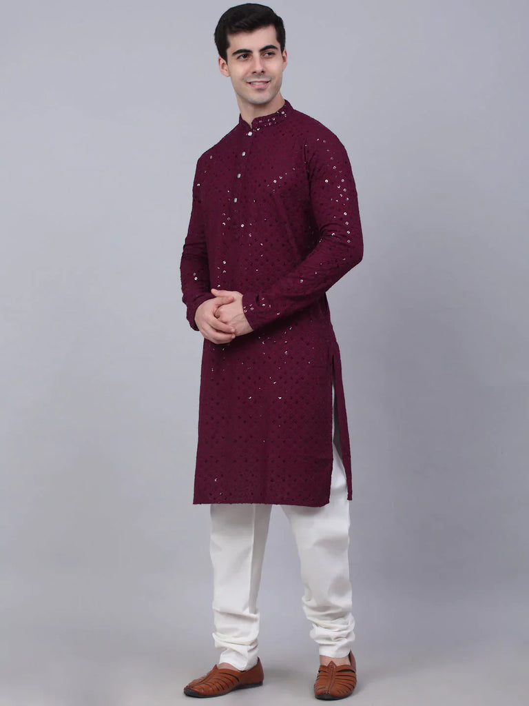 Men's Purple Chikankari Embroidered and Sequence Kurta with Churidar ( JOKP 678 Purple )
