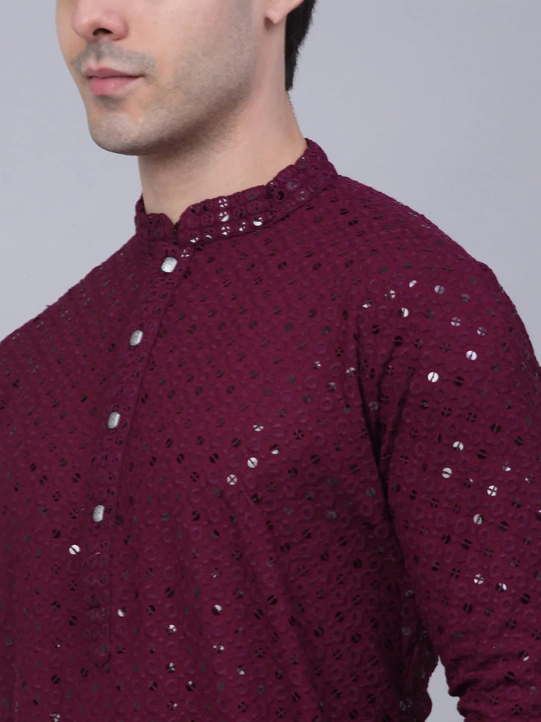 Men's Purple Chikankari Embroidered and Sequence Kurta with Churidar ( JOKP 678 Purple )