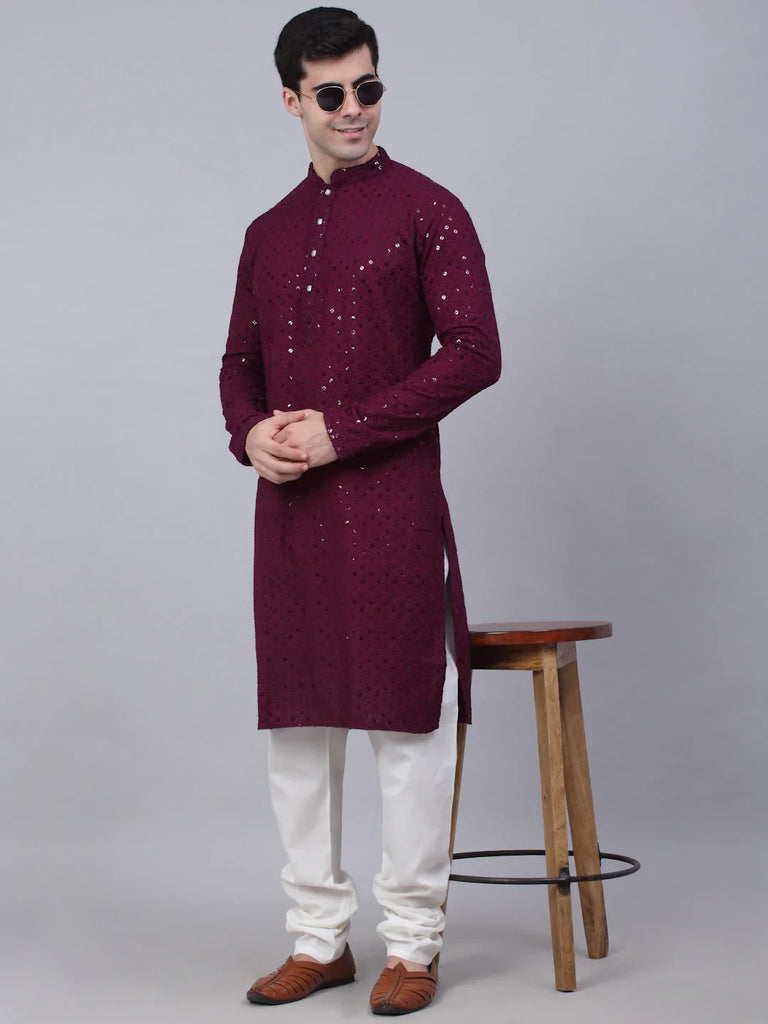 Men's Purple Chikankari Embroidered and Sequence Kurta with Churidar ( JOKP 678 Purple )