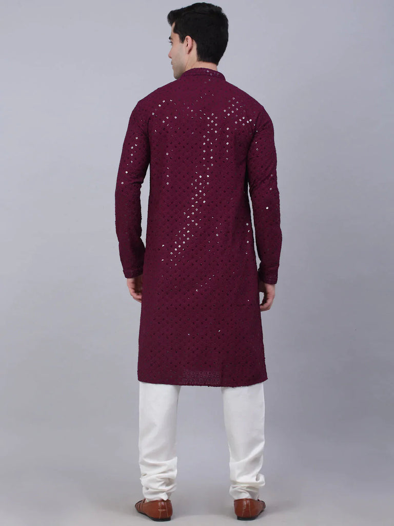 Men's Purple Chikankari Embroidered and Sequence Kurta with Churidar ( JOKP 678 Purple )