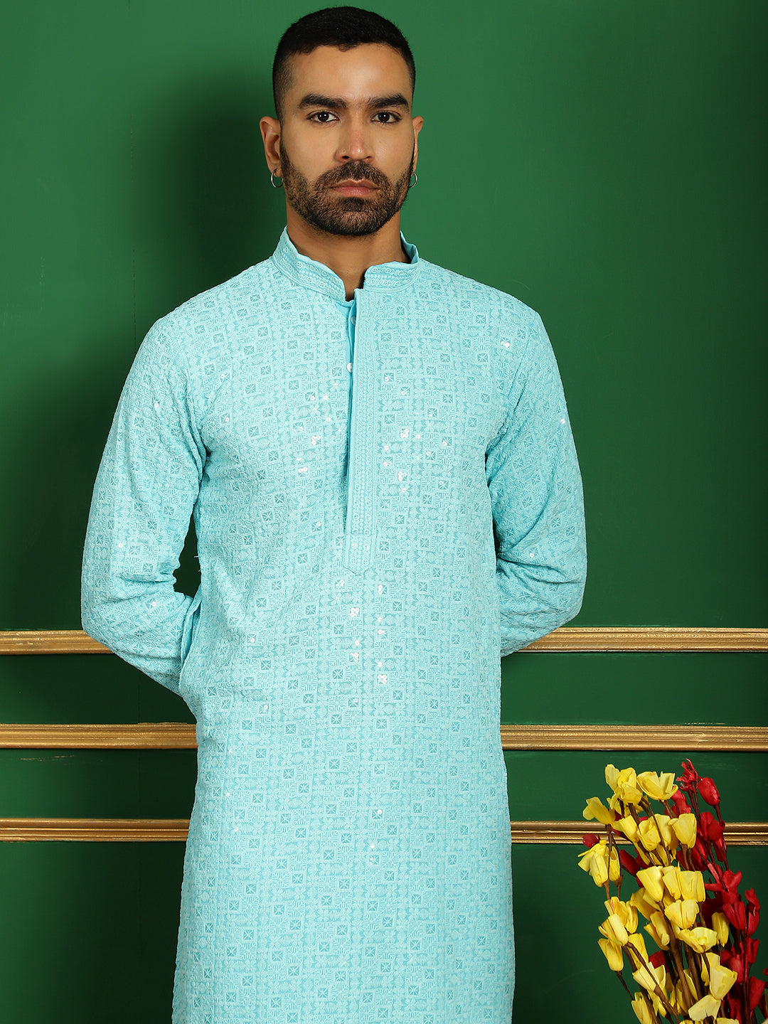 Men's Blue Embroidered and Sequence Kurta with Salwar - Taantav