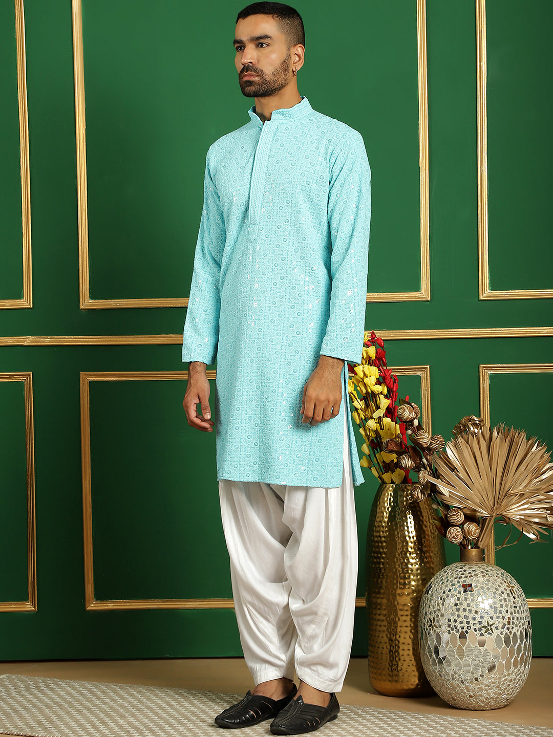 Men's Blue Embroidered and Sequence Kurta with Salwar - Taantav