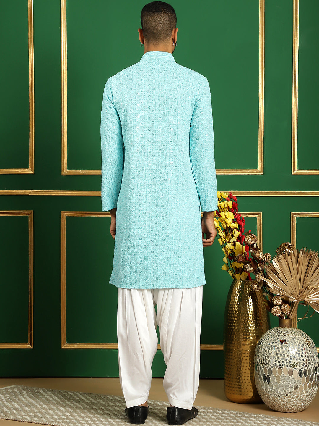 Men's Blue Embroidered and Sequence Kurta with Salwar - Taantav