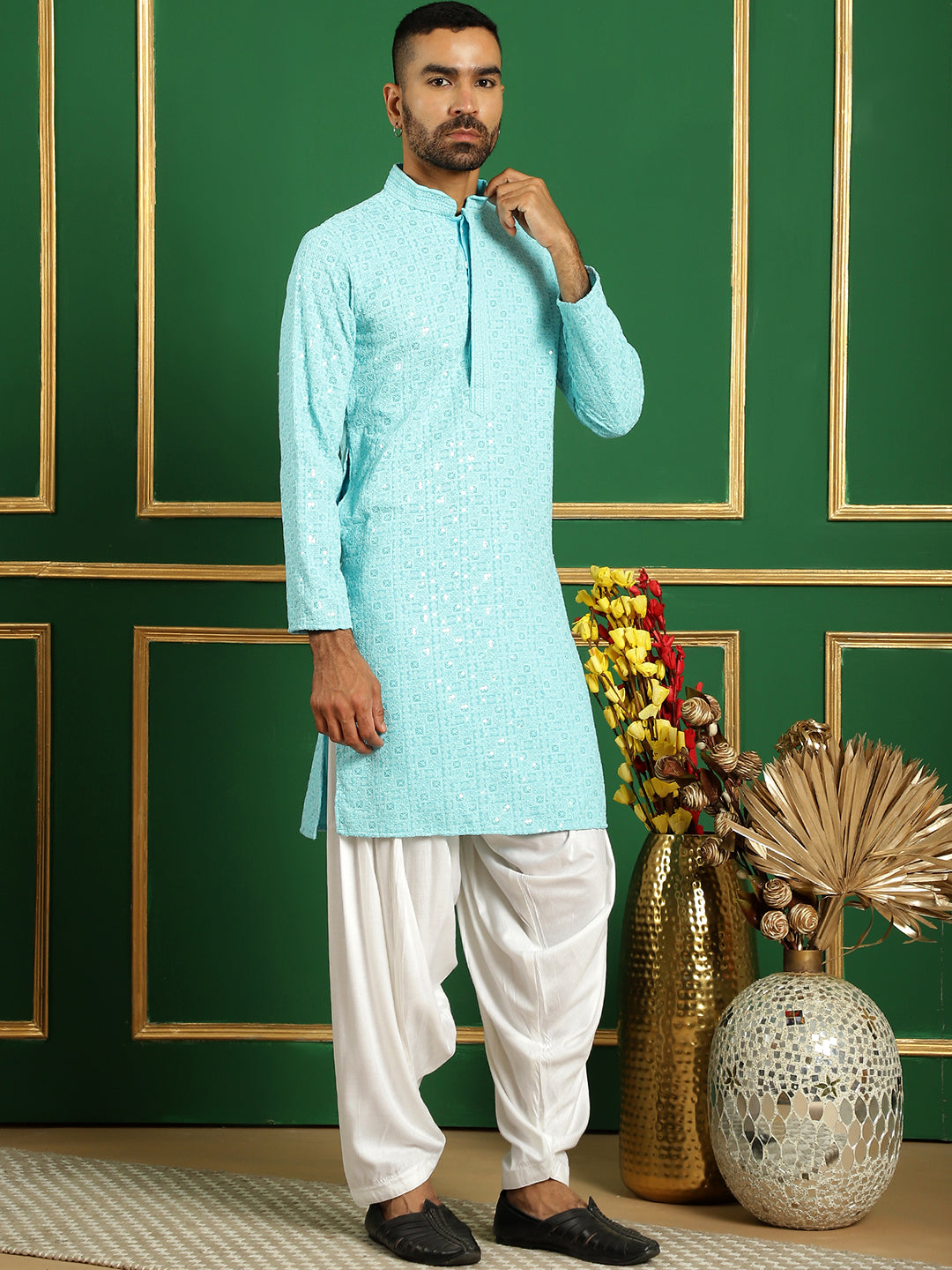 Men's Blue Embroidered and Sequence Kurta with Salwar - Taantav