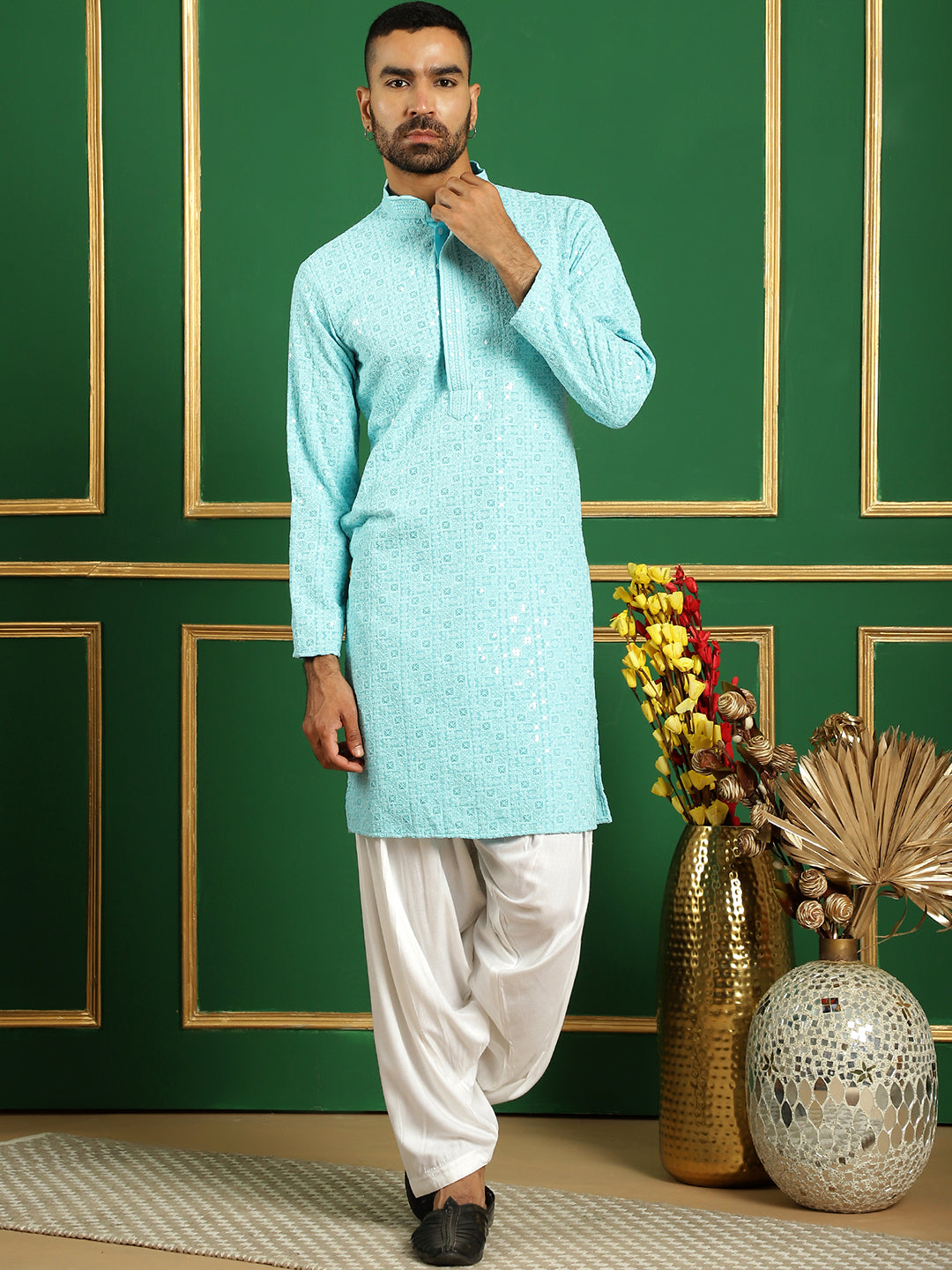 Men's Blue Embroidered and Sequence Kurta with Salwar - Taantav