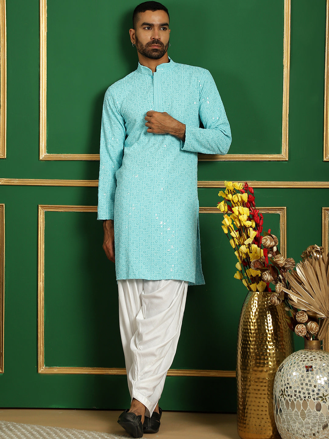 Men's Blue Embroidered and Sequence Kurta with Salwar - Taantav