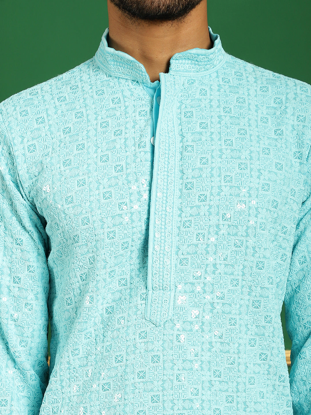 Men's Blue Embroidered and Sequence Kurta with Salwar - Taantav