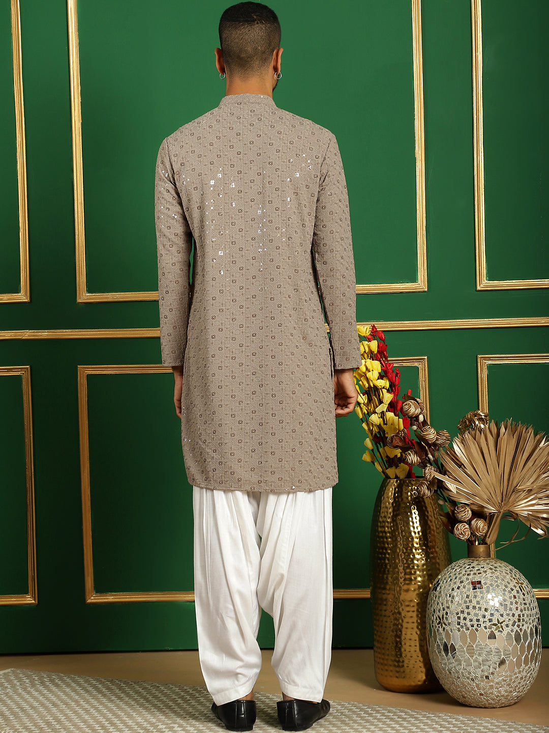 Men's Grey Embroidered and Sequence Kurta with Salwar - Taantav