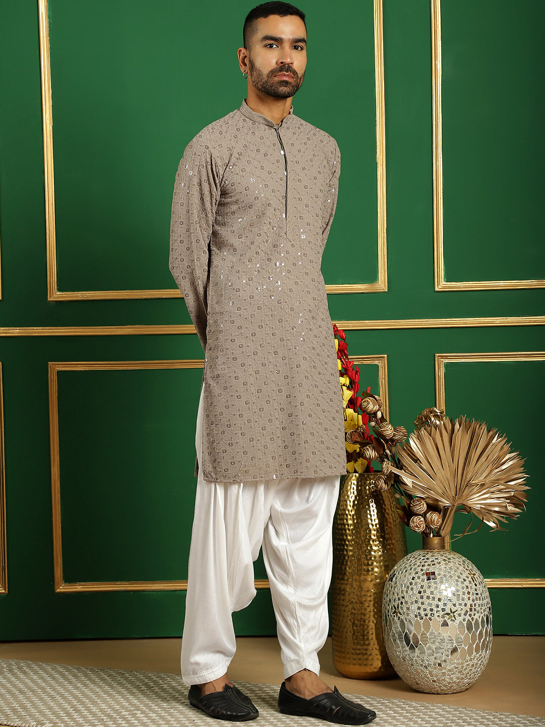 Men's Grey Embroidered and Sequence Kurta with Salwar - Taantav