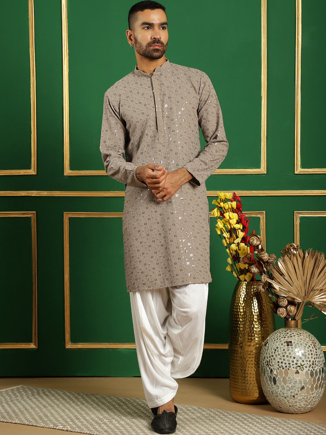 Men's Grey Embroidered and Sequence Kurta with Salwar - Taantav