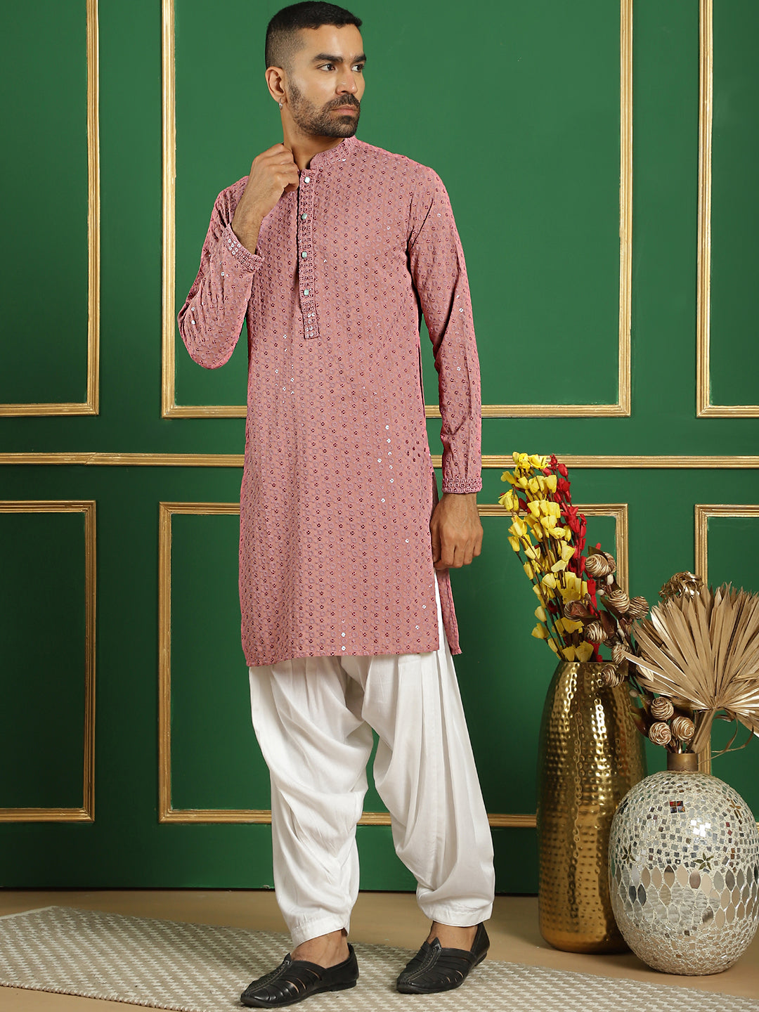 Men's Purple Embroidered and Sequence Kurta with Salwar - Taantav