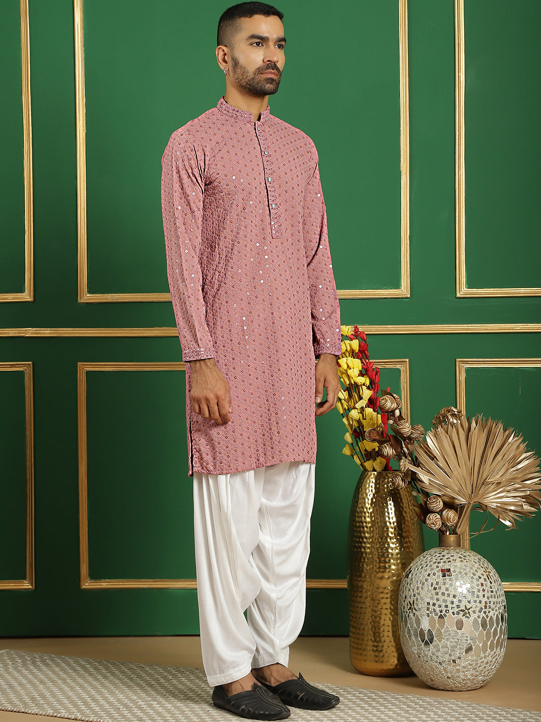 Men's Purple Embroidered and Sequence Kurta with Salwar - Taantav