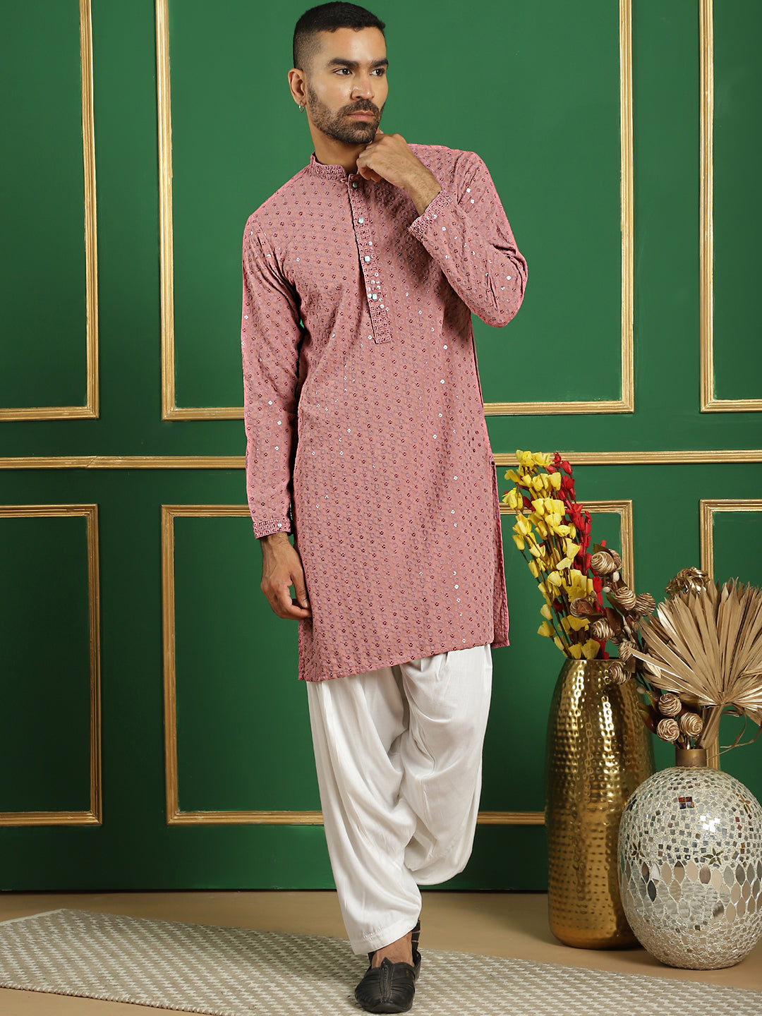 Men's Purple Embroidered and Sequence Kurta with Salwar - Taantav