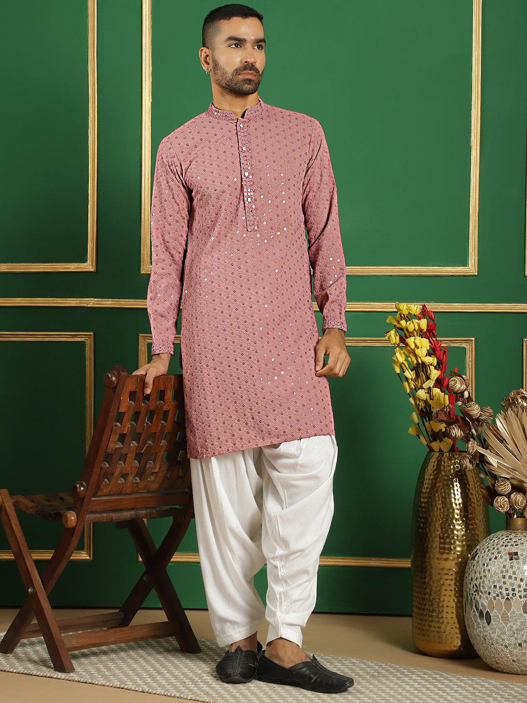 Men's Purple Embroidered and Sequence Kurta with Salwar - Taantav