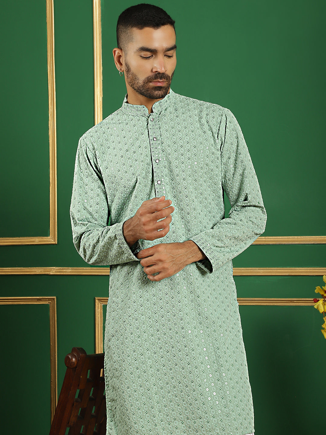 Men's Pista Green Embroidered and Sequence Kurta with Salwar - Taantav