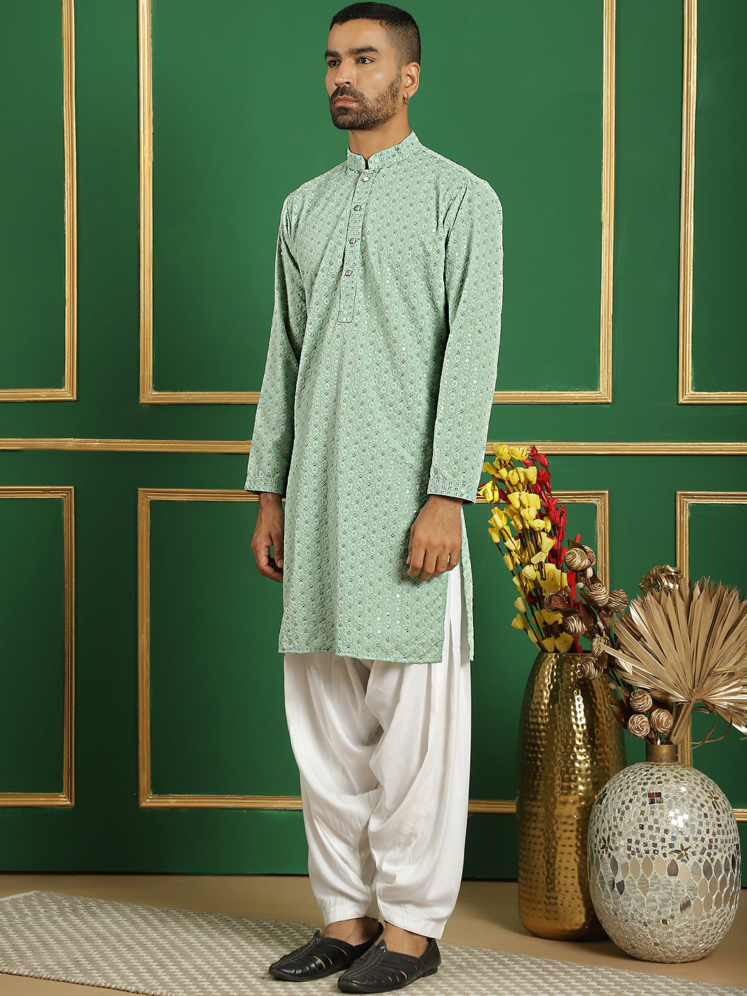 Men's Pista Green Embroidered and Sequence Kurta with Salwar - Taantav