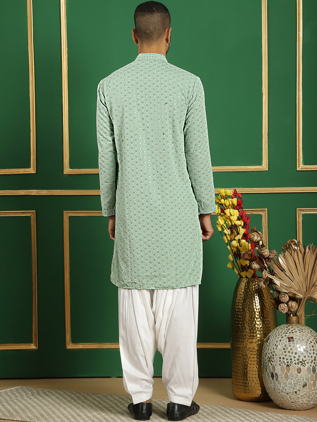 Men's Pista Green Embroidered and Sequence Kurta with Salwar - Taantav