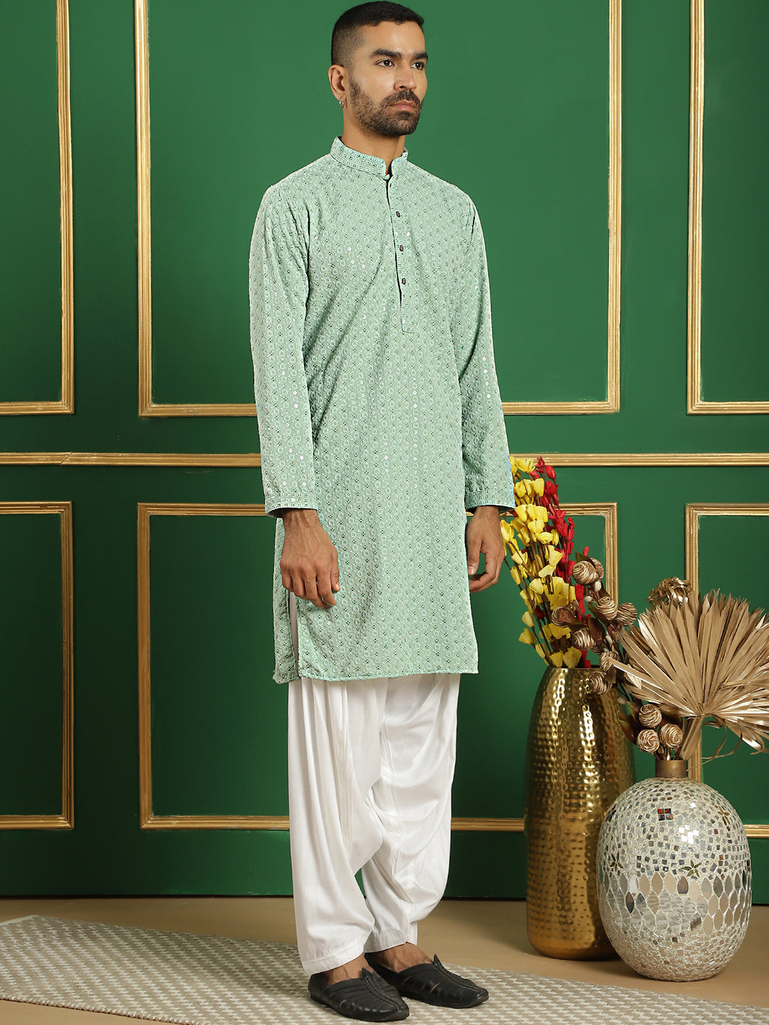 Men's Pista Green Embroidered and Sequence Kurta with Salwar - Taantav