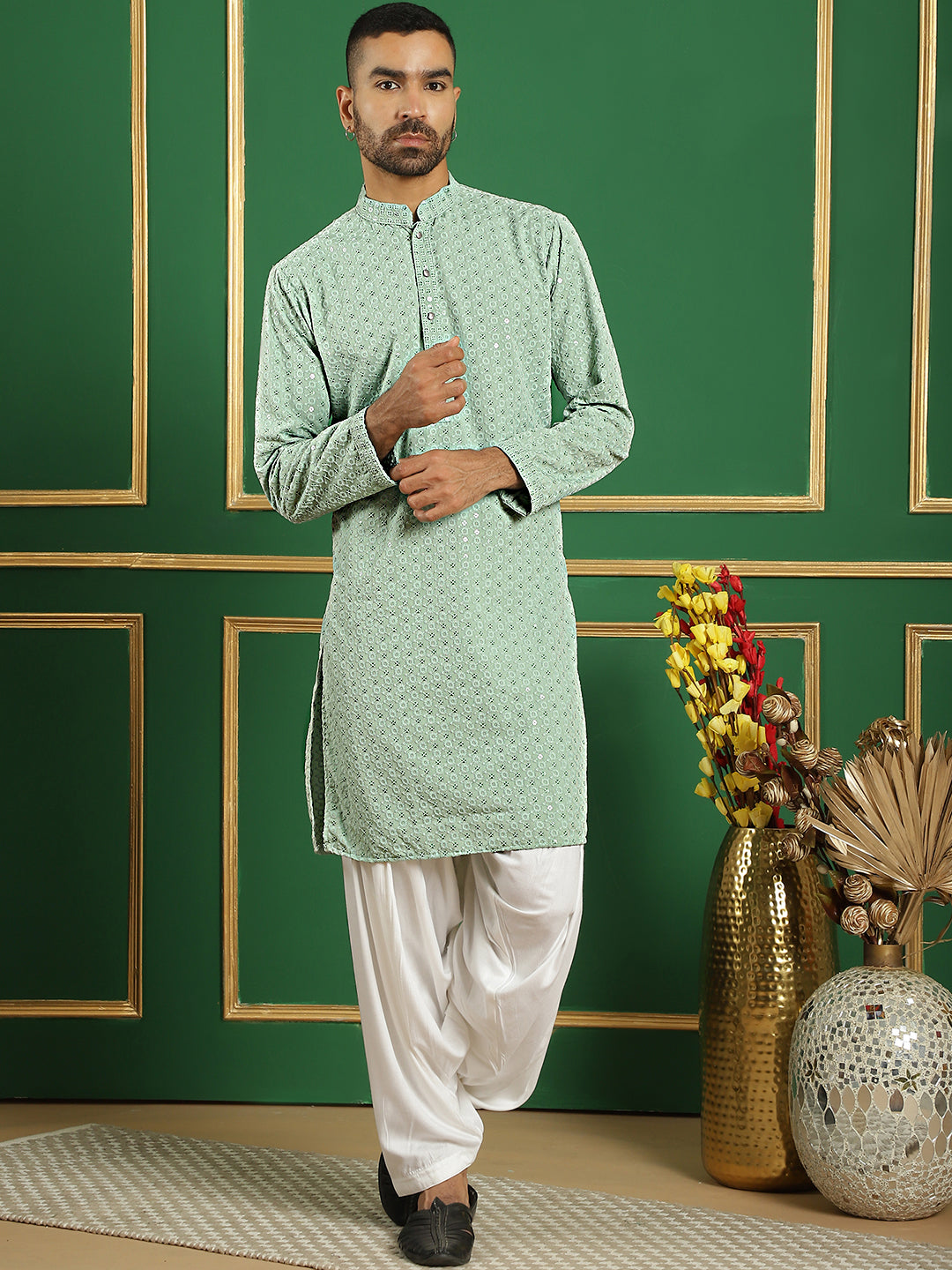 Men's Pista Green Embroidered and Sequence Kurta with Salwar - Taantav