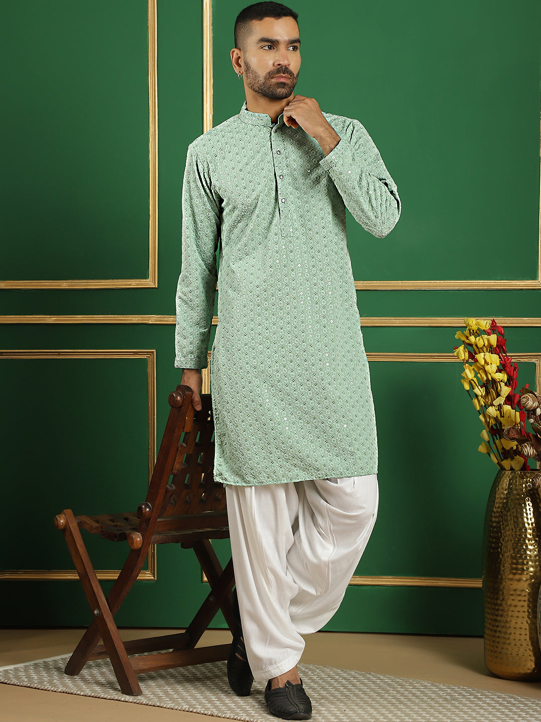 Men's Pista Green Embroidered and Sequence Kurta with Salwar - Taantav