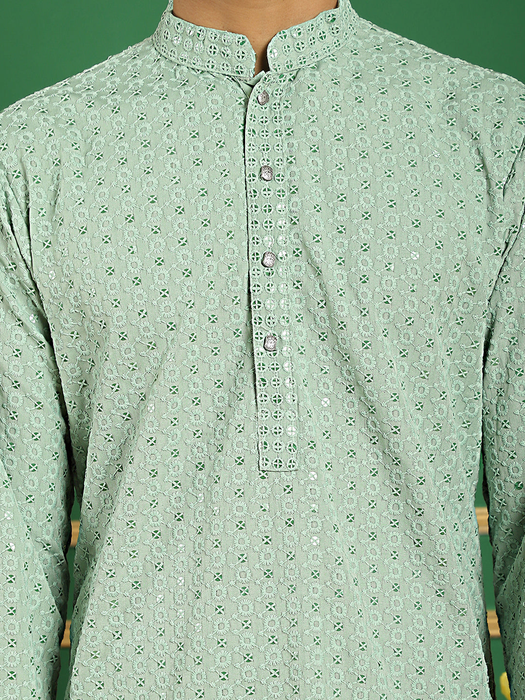 Men's Pista Green Embroidered and Sequence Kurta with Salwar - Taantav