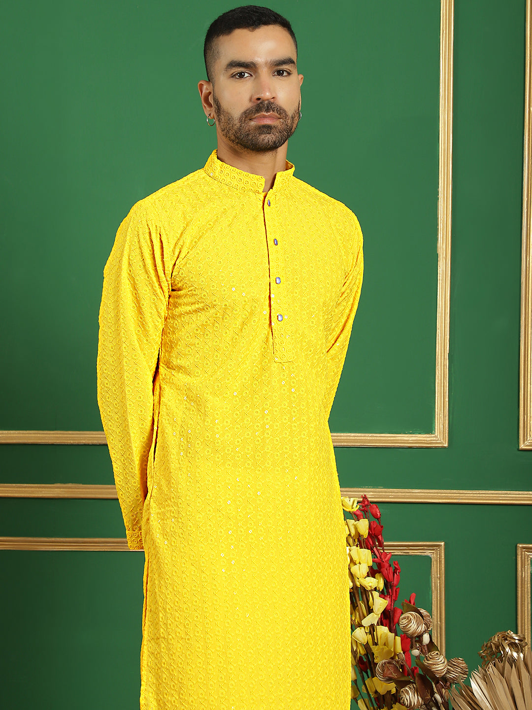 Men's Yellow Embroidered and Sequence Kurta with Salwar - Taantav