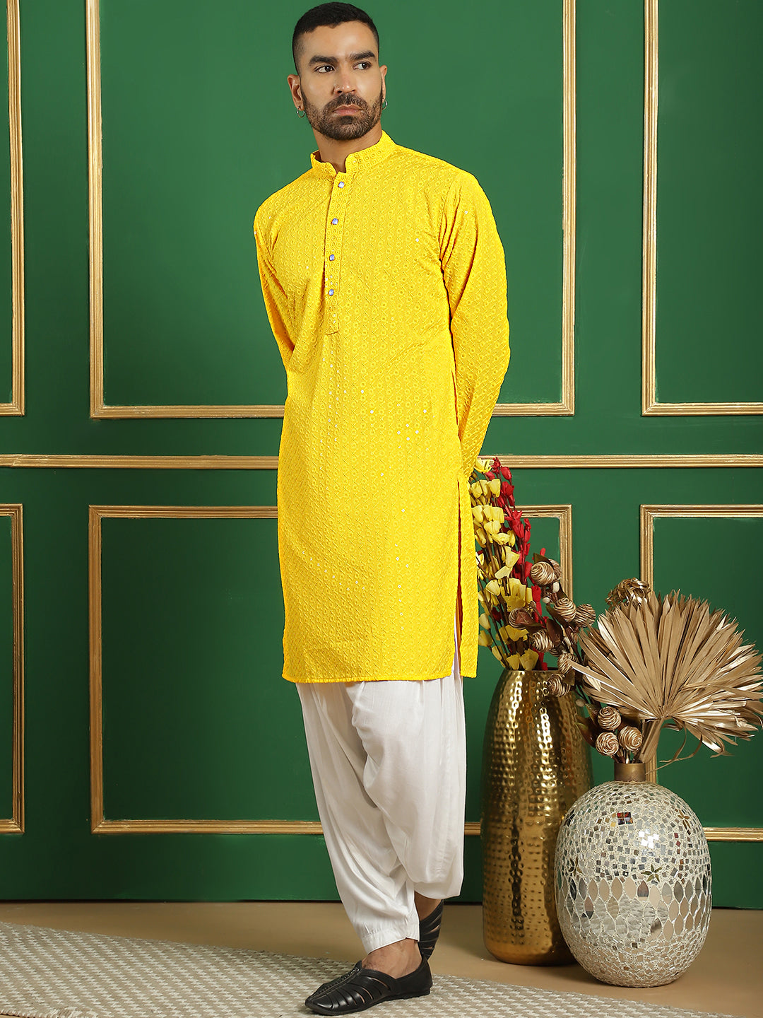 Men's Yellow Embroidered and Sequence Kurta with Salwar - Taantav