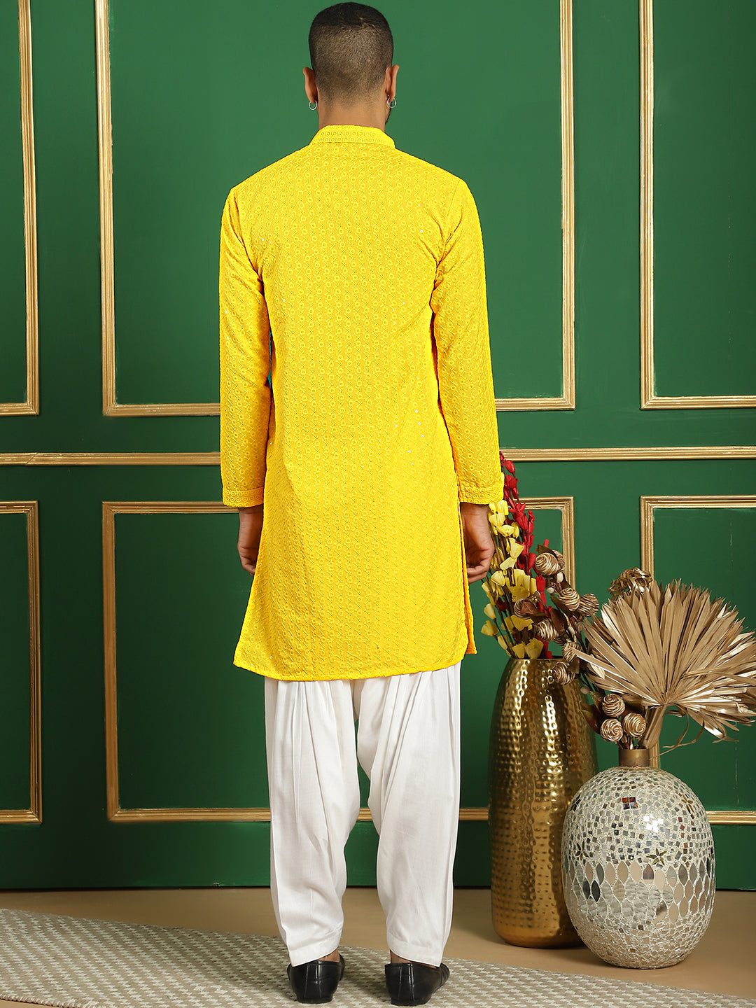 Men's Yellow Embroidered and Sequence Kurta with Salwar - Taantav