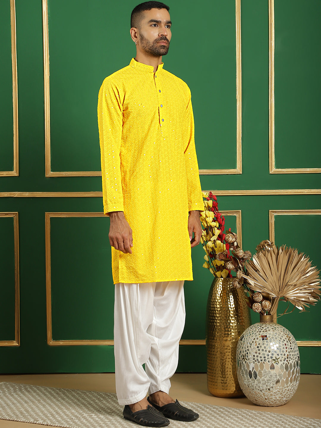 Men's Yellow Embroidered and Sequence Kurta with Salwar - Taantav