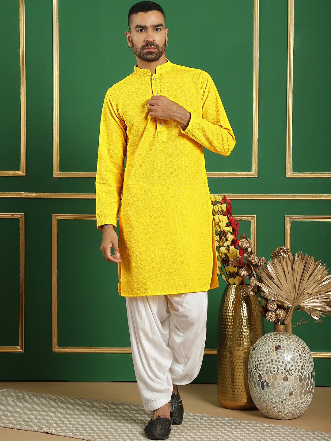 Men's Yellow Embroidered and Sequence Kurta with Salwar - Taantav