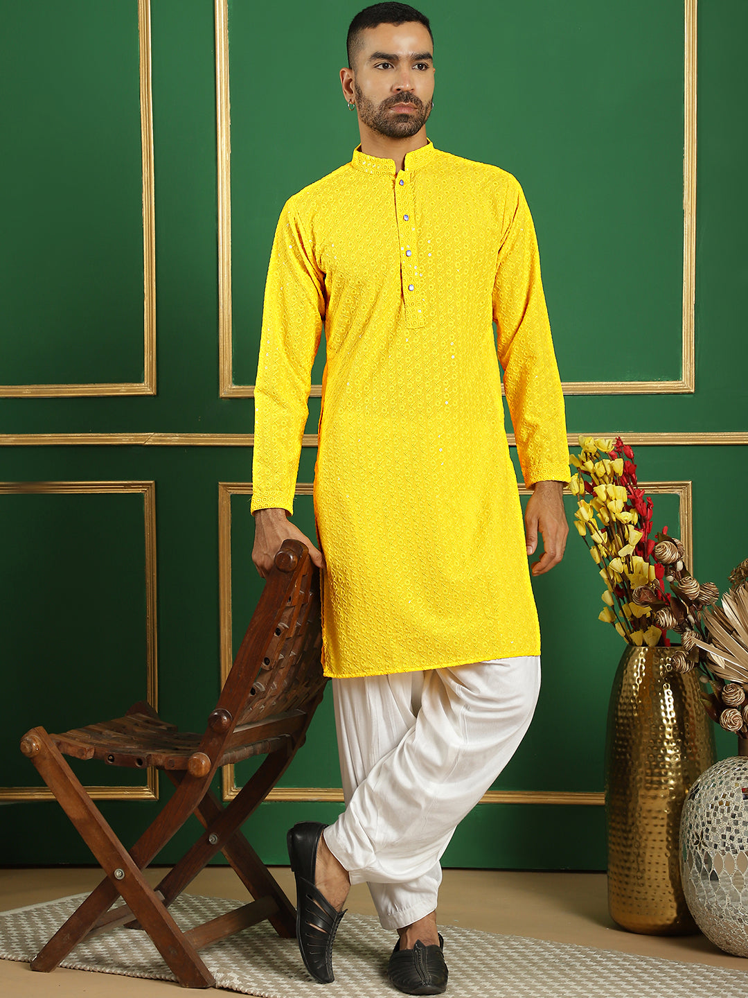 Men's Yellow Embroidered and Sequence Kurta with Salwar - Taantav