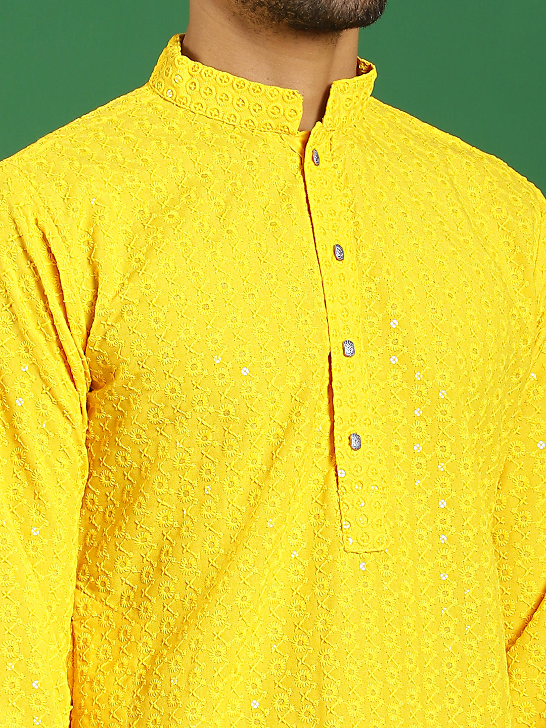 Men's Yellow Embroidered and Sequence Kurta with Salwar - Taantav